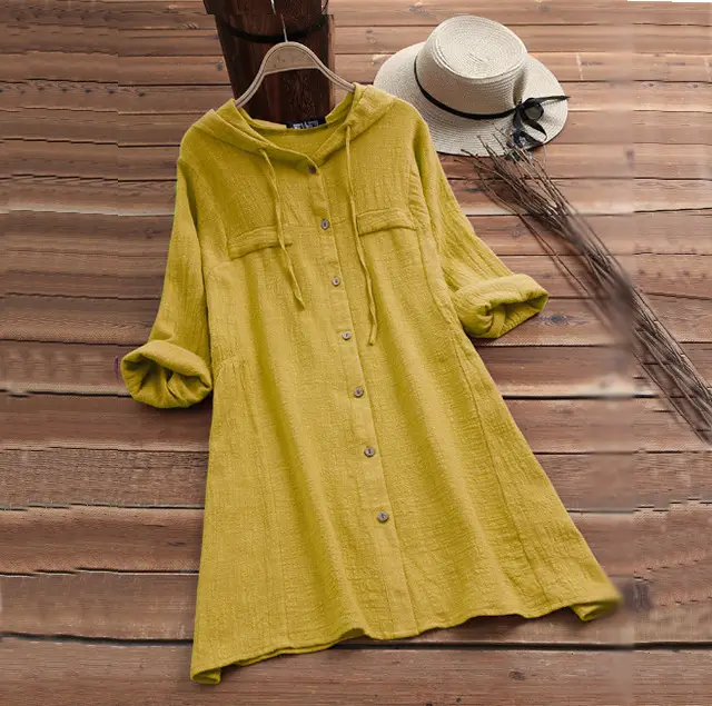 Cotton Linen Hooded Long Sleeve Cardigan Shirt Solid Rust - Image 3