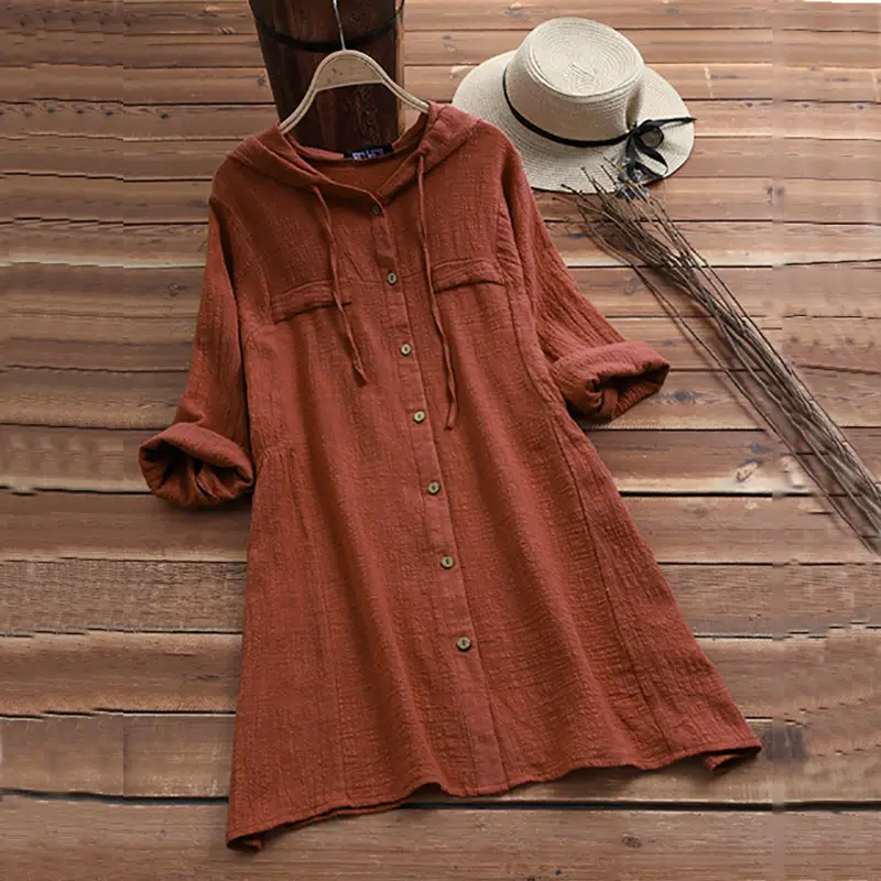 Cotton Linen Hooded Long Sleeve Cardigan Shirt Solid Rust - Image 4