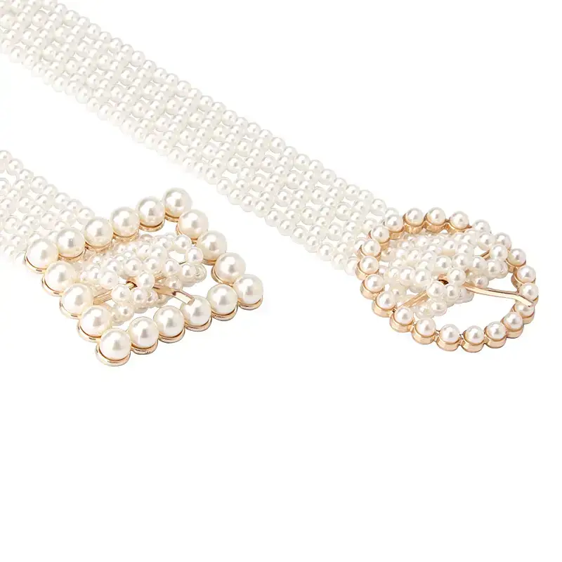 Elegant Women's Pearl Woven Waist Belt with Rose Gold Clasp