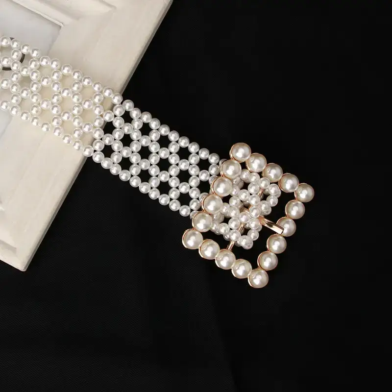 Elegant Women's Pearl Woven Waist Belt with Rose Gold Clasp
