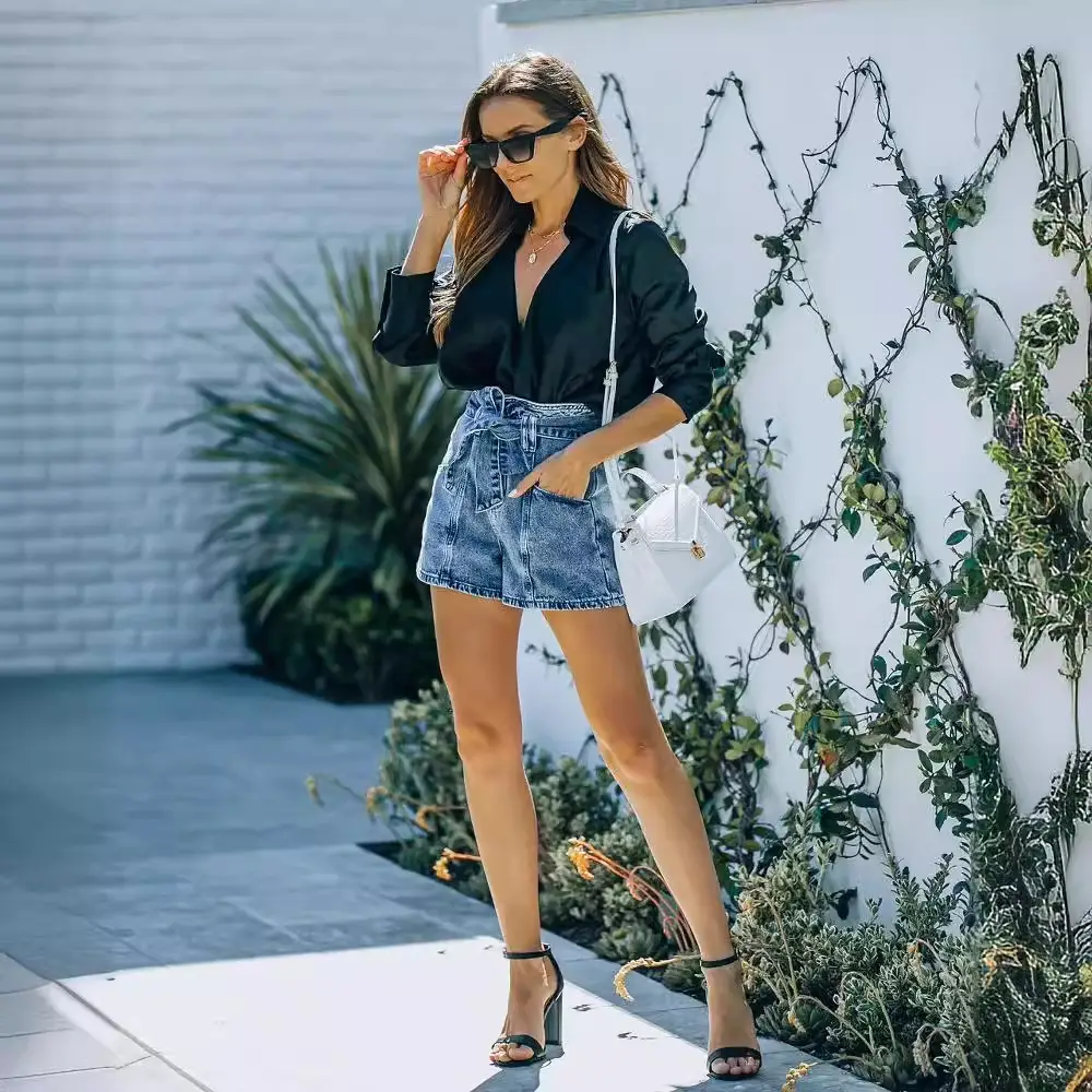 Women Denim Shorts Belted High Waist Retro Style