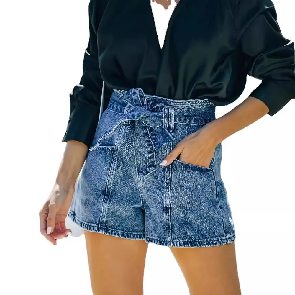 Women Denim Shorts Belted High Waist Retro Style