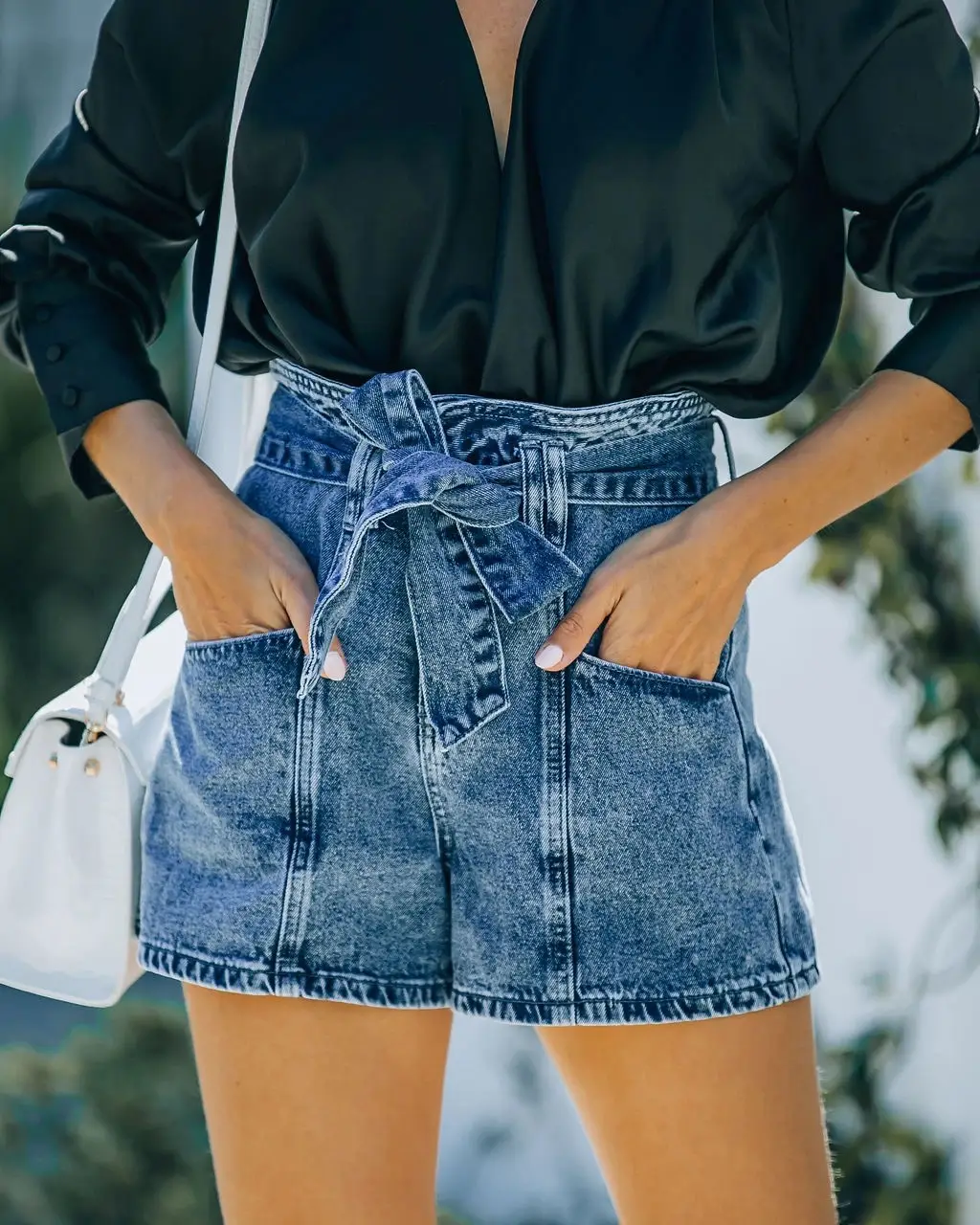Women Denim Shorts Belted High Waist Retro Style — feature 4