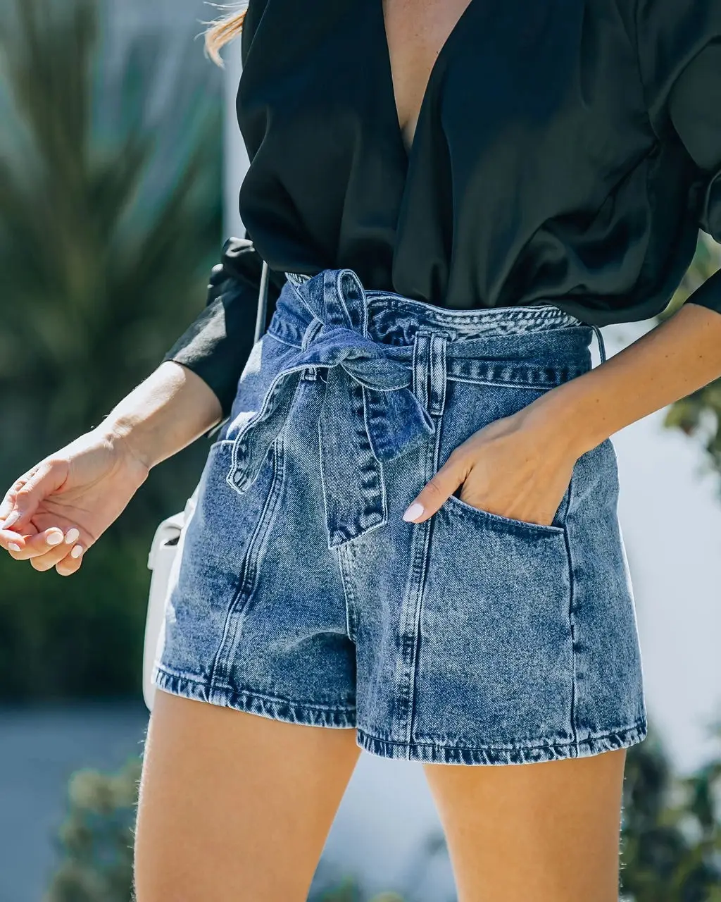 Women Denim Shorts Belted High Waist Retro Style — feature 5