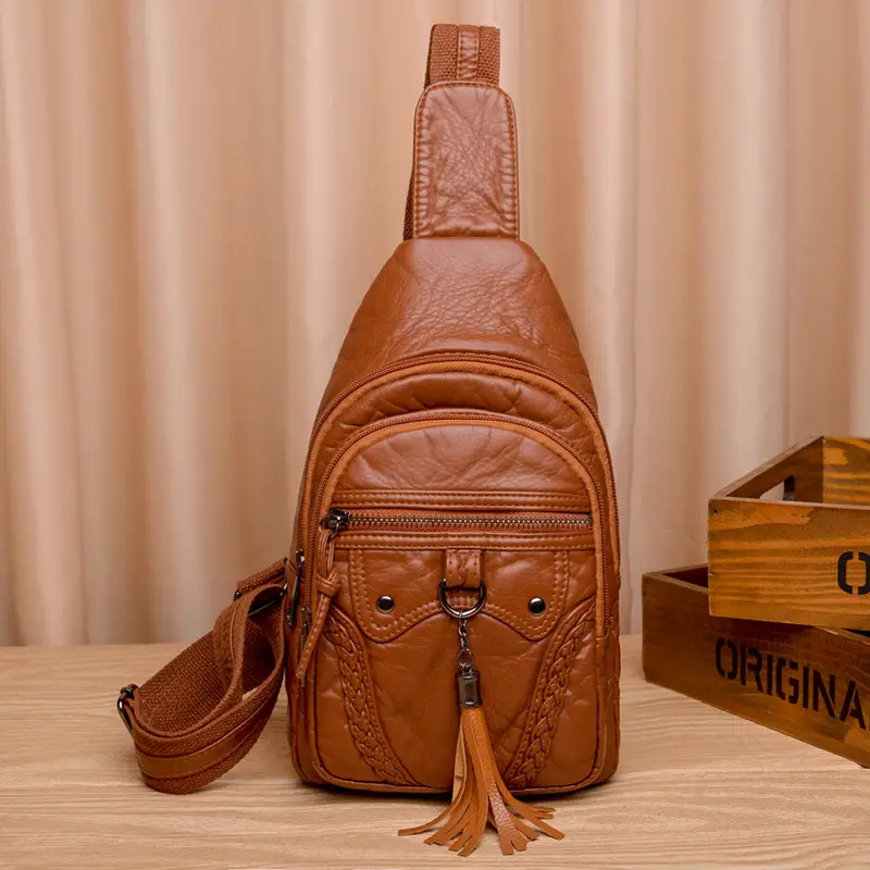 Trendy Brown Leather Chest Bag for Women - Image 3
