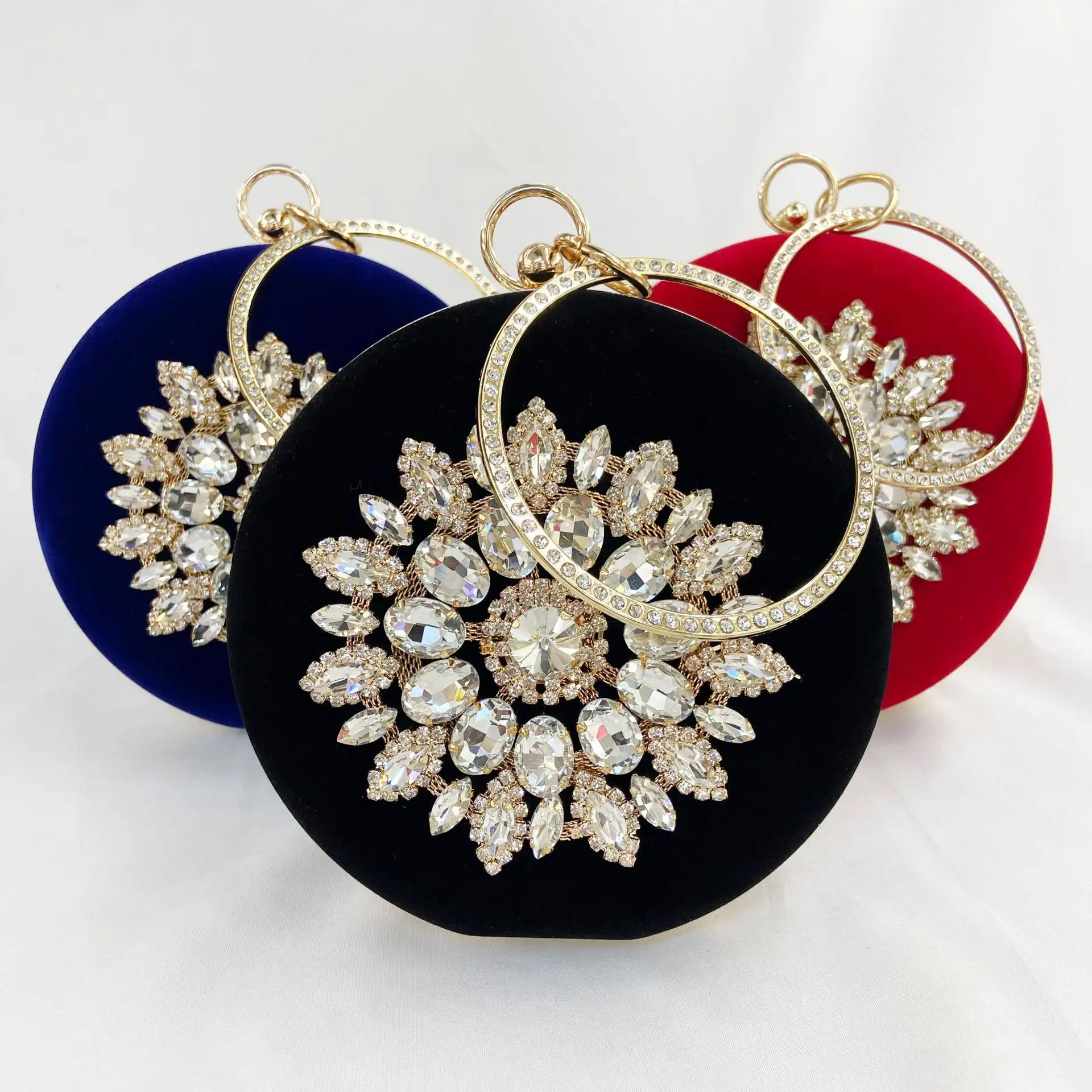 European Velvet Evening Bag with Diamond Flower Design