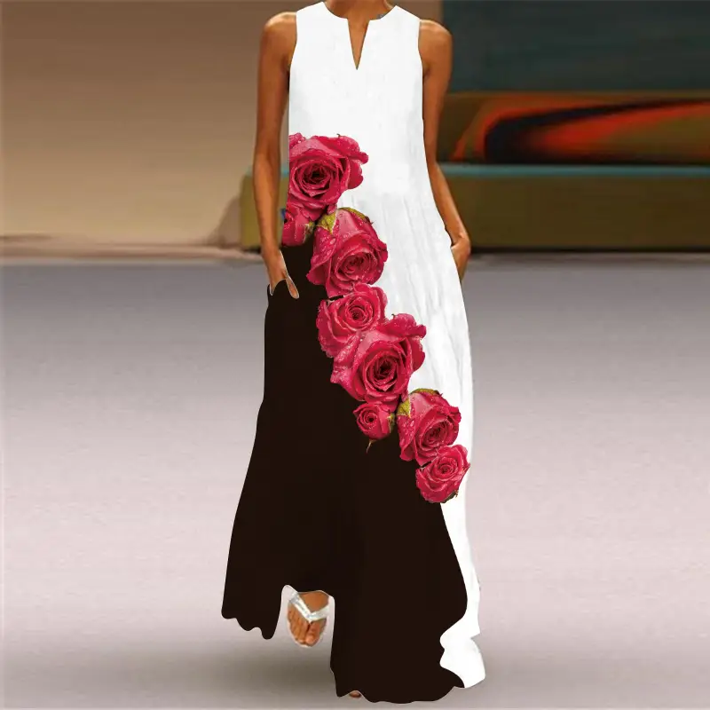 Women V-Neck Floral Print Sleeveless Dress Black Pants - Image 7