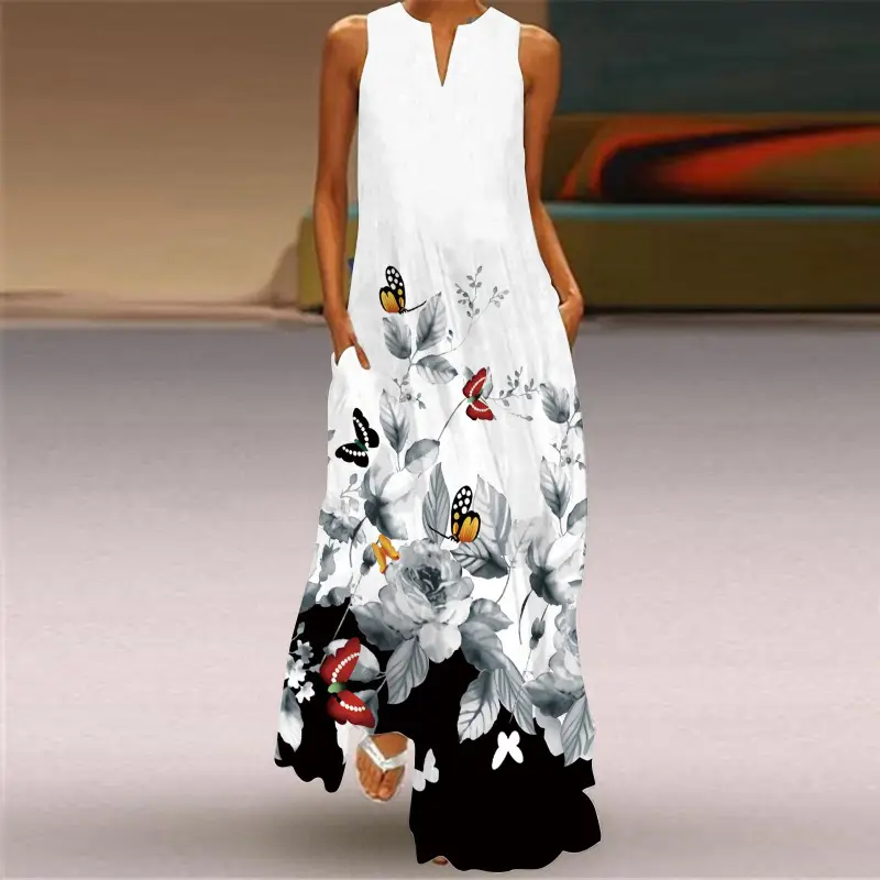 Women V-Neck Floral Print Sleeveless Dress Black Pants - Image 9