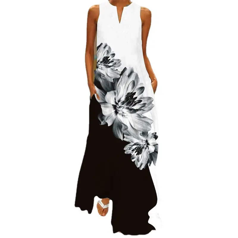 Women V-Neck Floral Print Sleeveless Dress Black Pants - Image 10