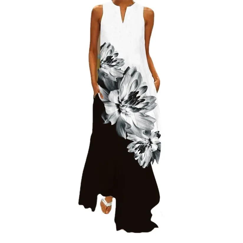 Women V-Neck Floral Print Sleeveless Dress Black Pants