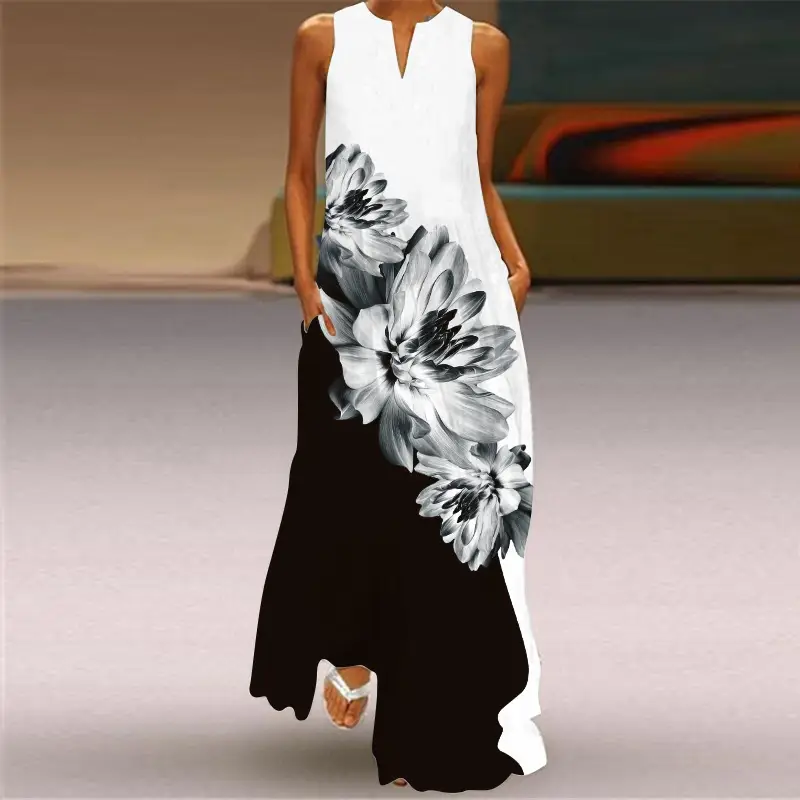 Women V-Neck Floral Print Sleeveless Dress Black Pants - Image 4