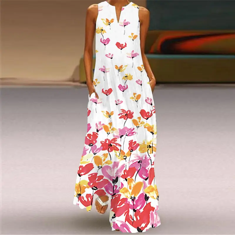 Women V-Neck Floral Print Sleeveless Dress Black Pants - Image 5