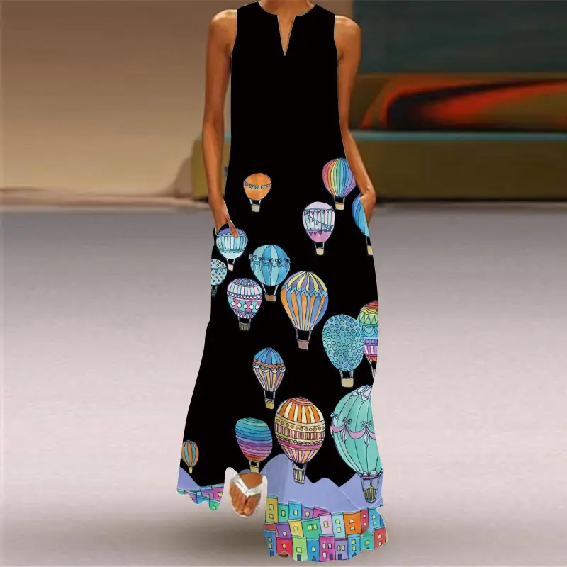 Women V-Neck Floral Print Sleeveless Dress Black Pants - Image 2