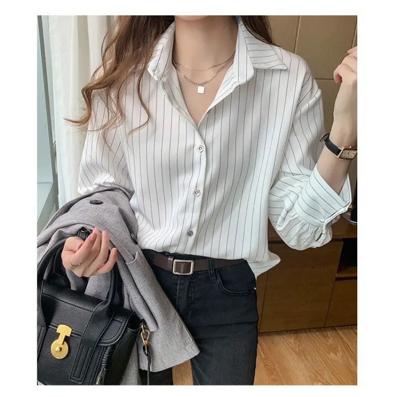 Women Blue Striped Shirt with Black Handbag 2021 Spring - Image 4