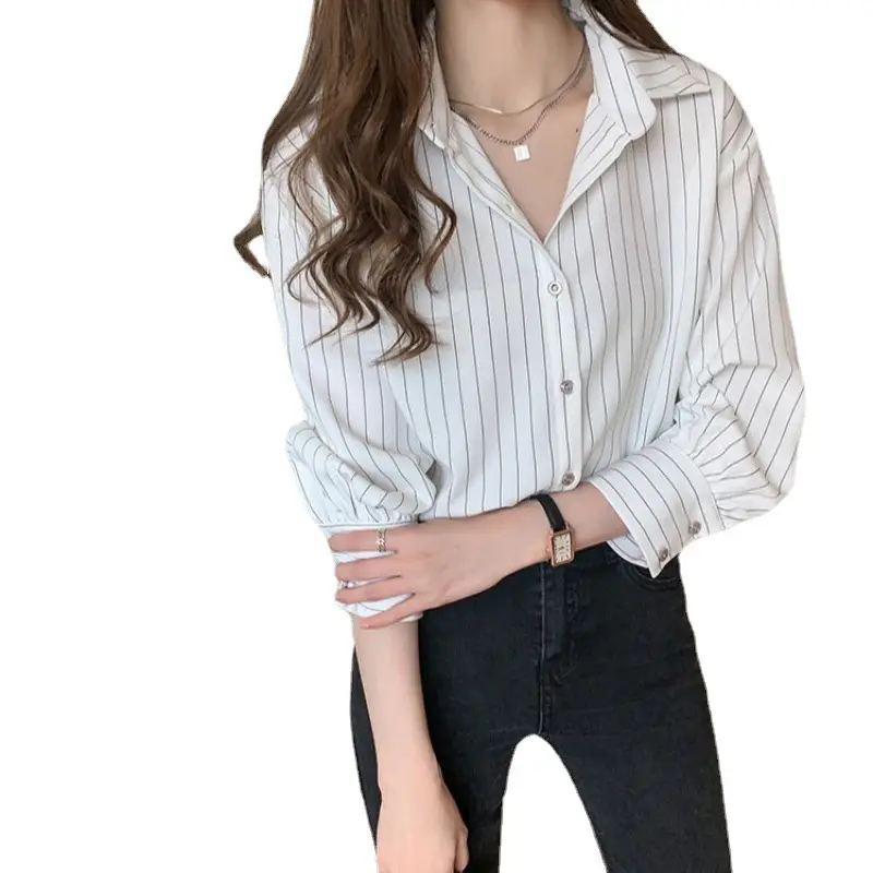 Women Blue Striped Shirt with Black Handbag 2021 Spring - Image 6