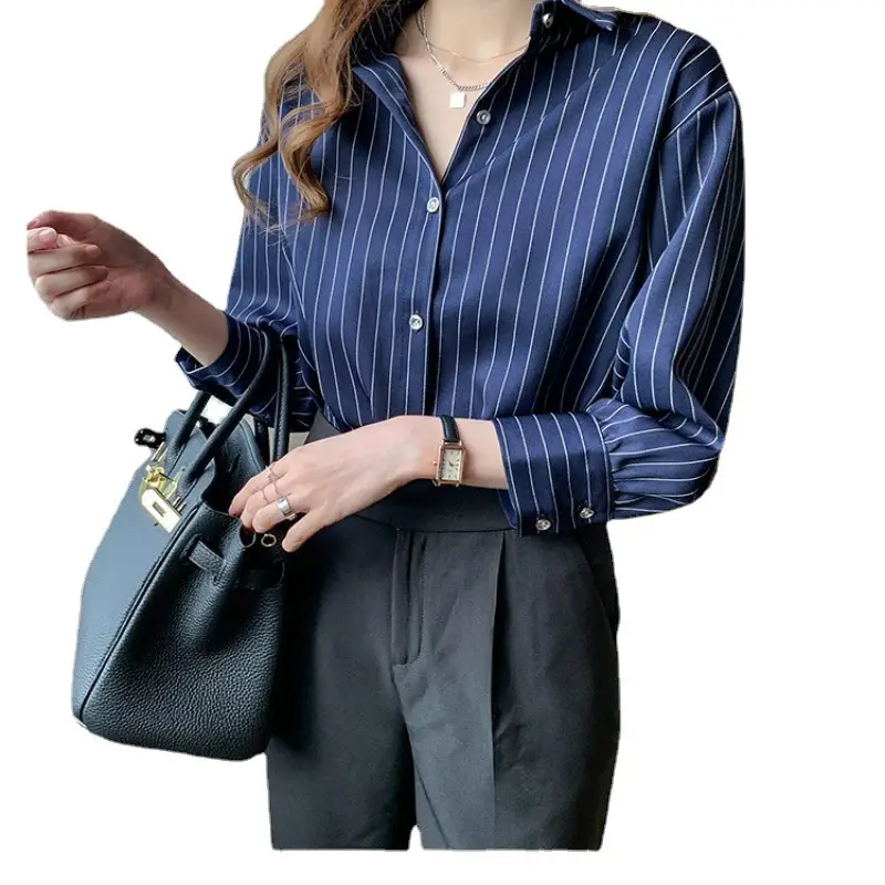 Women Blue Striped Shirt with Black Handbag 2021 Spring - Image 7