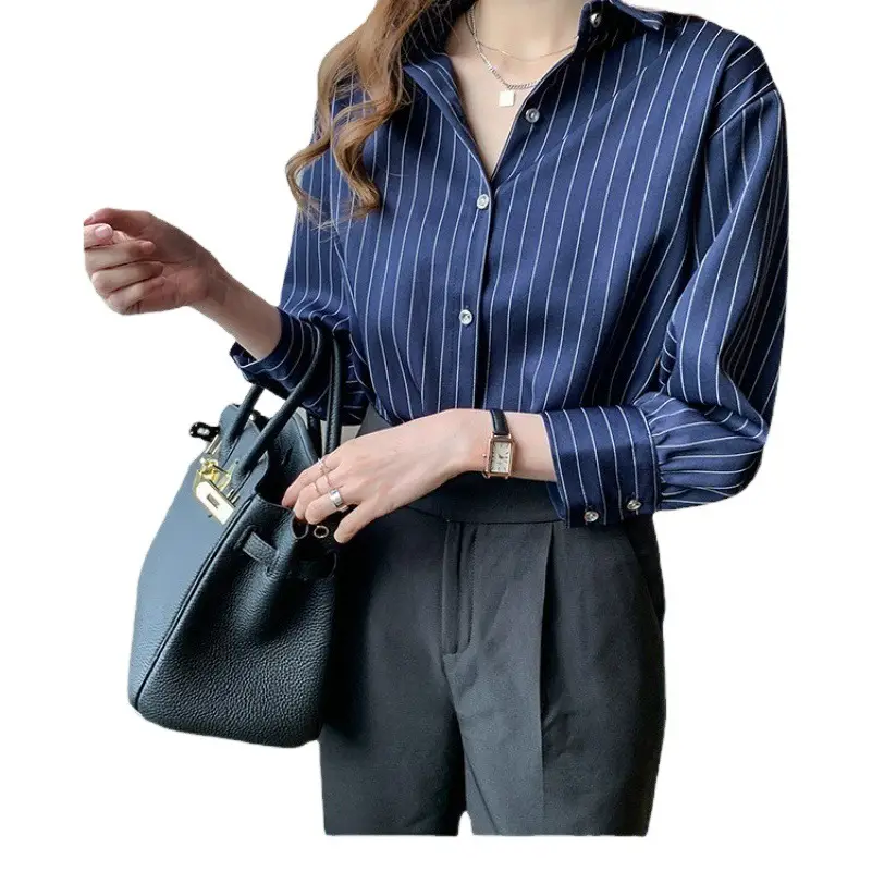 Women Blue Striped Shirt with Black Handbag 2021 Spring