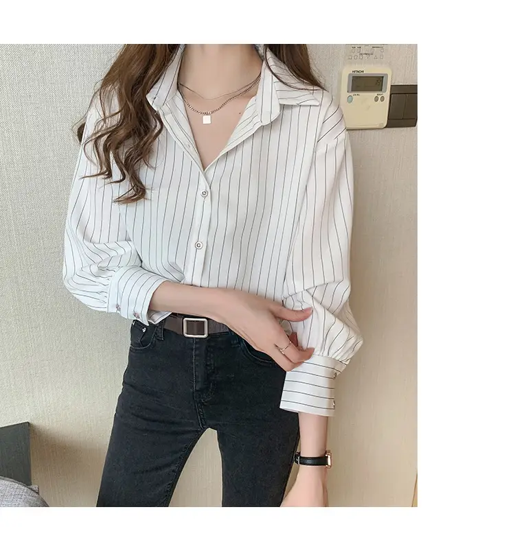Women Blue Striped Shirt with Black Handbag 2021 Spring — feature 2