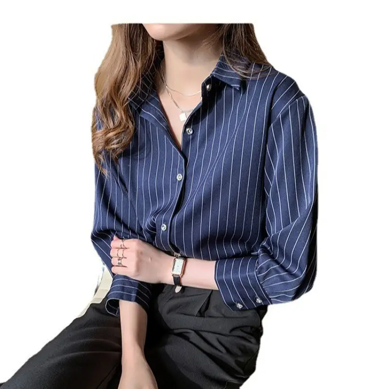 Women Blue Striped Shirt with Black Handbag 2021 Spring - Image 2
