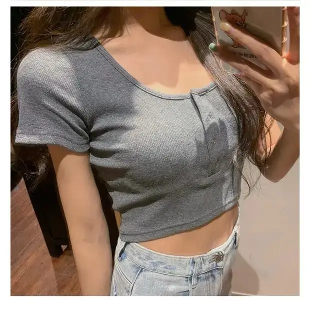 Women's Black Short Sleeve Cropped Top with Button Front - Image 5