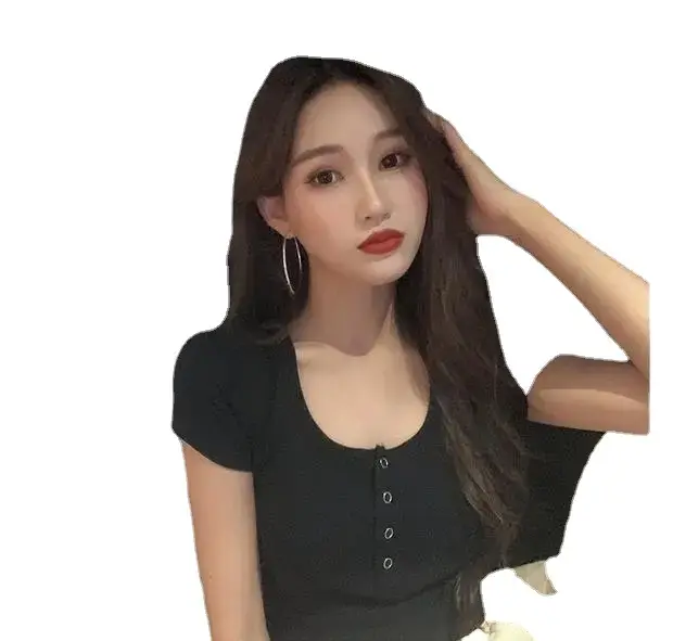 Women's Black Short Sleeve Cropped Top with Button Front - Image 7