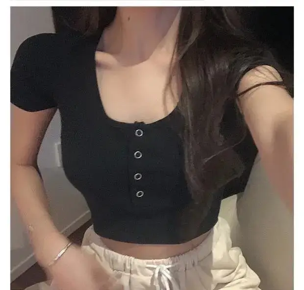Women's Black Short Sleeve Cropped Top with Button Front — feature 10