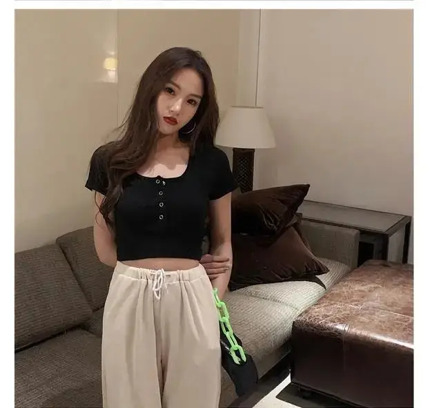 Women's Black Short Sleeve Cropped Top with Button Front — feature 11