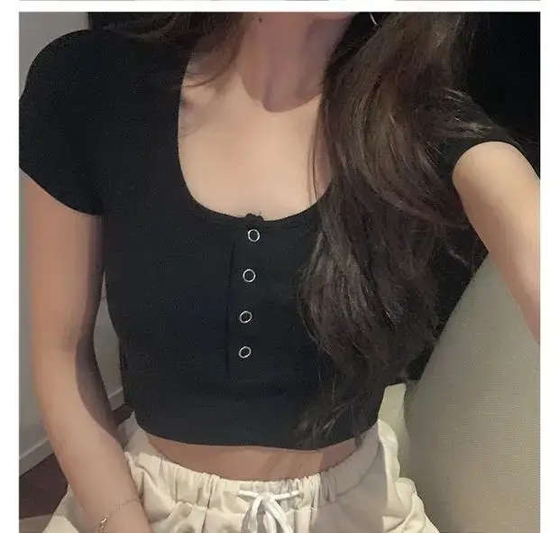 Women's Black Short Sleeve Cropped Top with Button Front — feature 12