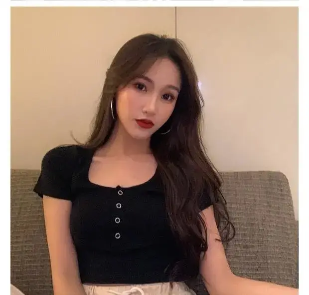 Women's Black Short Sleeve Cropped Top with Button Front — feature 13