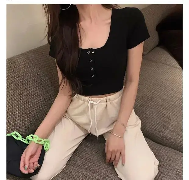Women's Black Short Sleeve Cropped Top with Button Front — feature 15