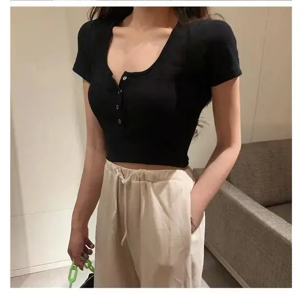 Women's Black Short Sleeve Cropped Top with Button Front — feature 17