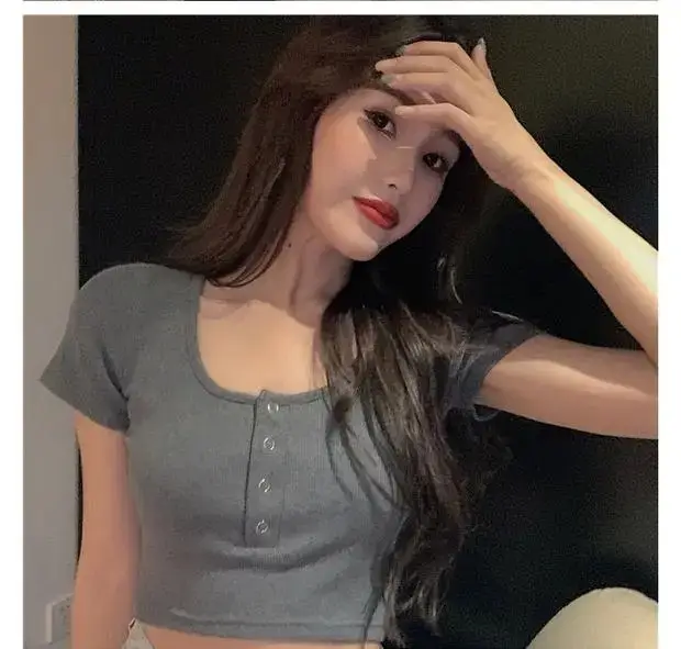 Women's Black Short Sleeve Cropped Top with Button Front — feature 18