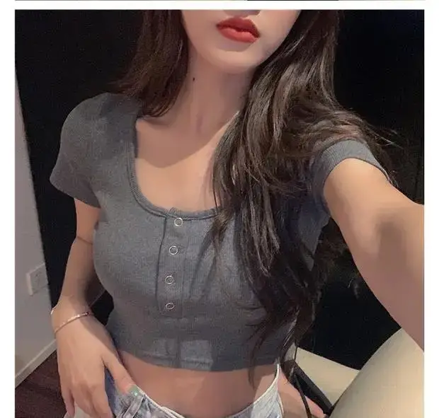 Women's Black Short Sleeve Cropped Top with Button Front — feature 19
