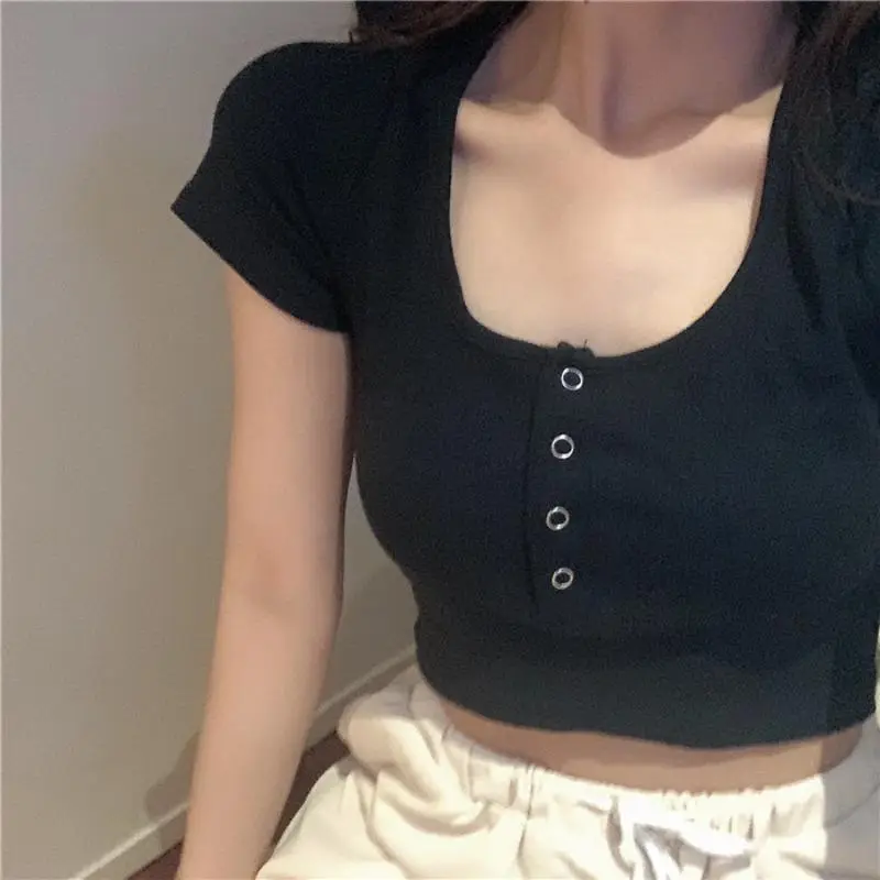 Women's Black Short Sleeve Cropped Top with Button Front — feature 2