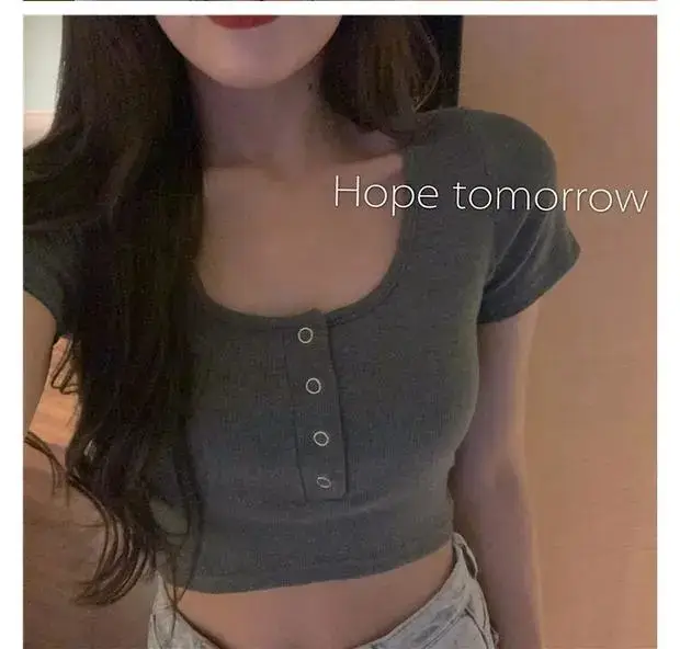Women's Black Short Sleeve Cropped Top with Button Front — feature 20