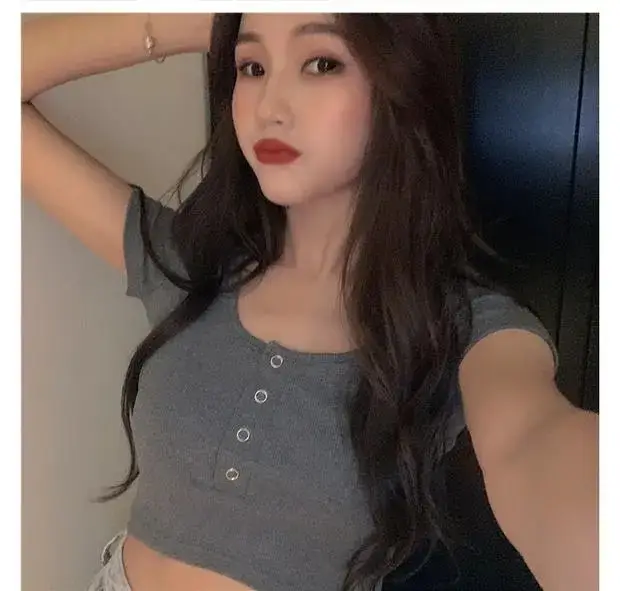 Women's Black Short Sleeve Cropped Top with Button Front — feature 21