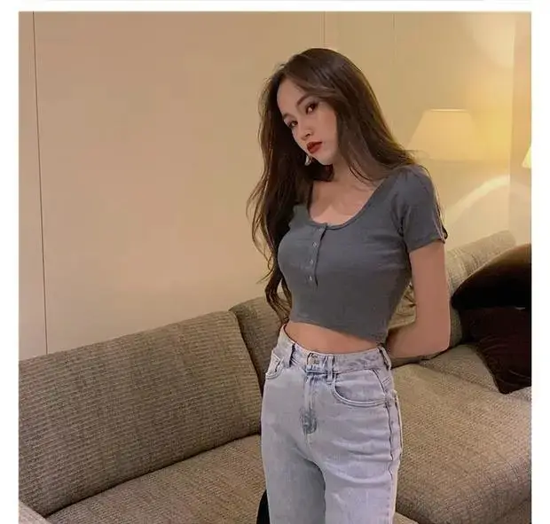 Women's Black Short Sleeve Cropped Top with Button Front — feature 22
