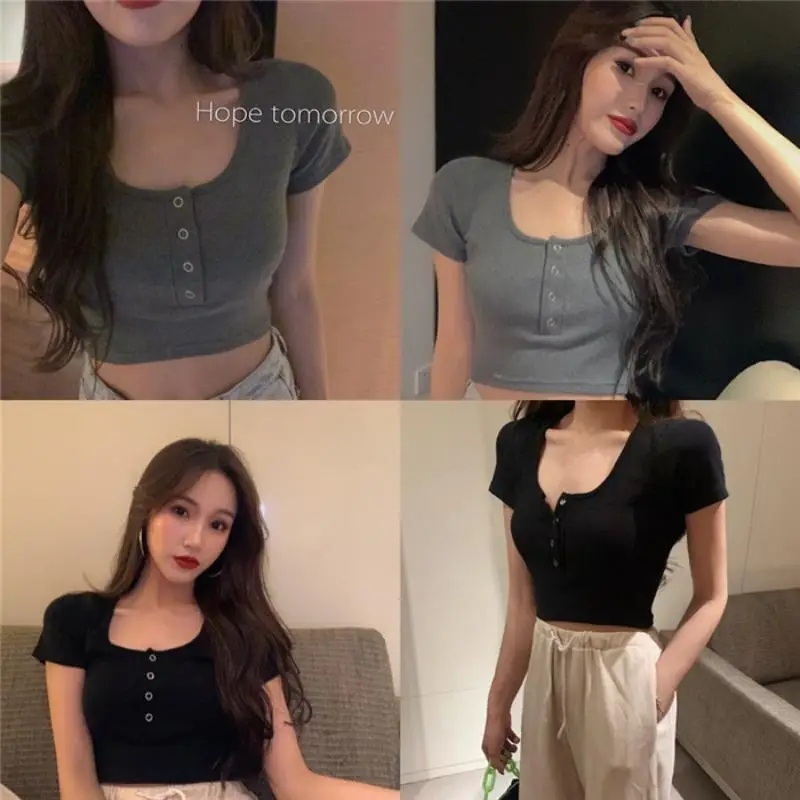 Women's Black Short Sleeve Cropped Top with Button Front — feature 4