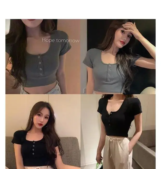 Women's Black Short Sleeve Cropped Top with Button Front — feature 5