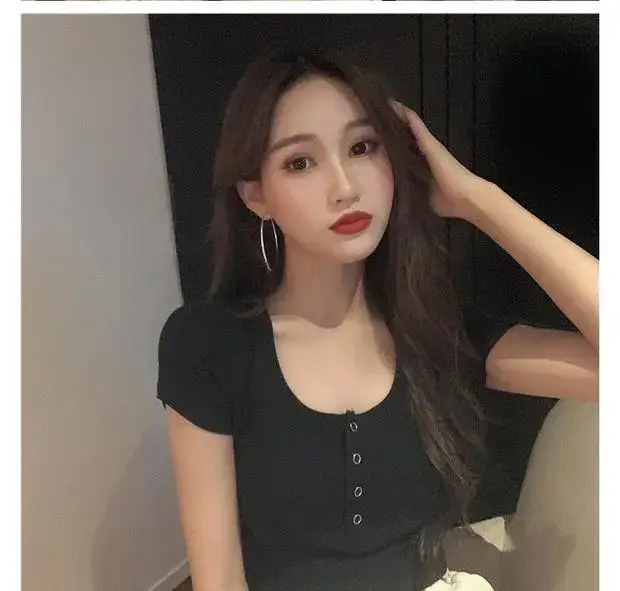 Women's Black Short Sleeve Cropped Top with Button Front — feature 6