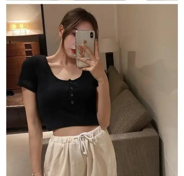 Women's Black Short Sleeve Cropped Top with Button Front — feature 7