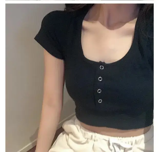 Women's Black Short Sleeve Cropped Top with Button Front — feature 8