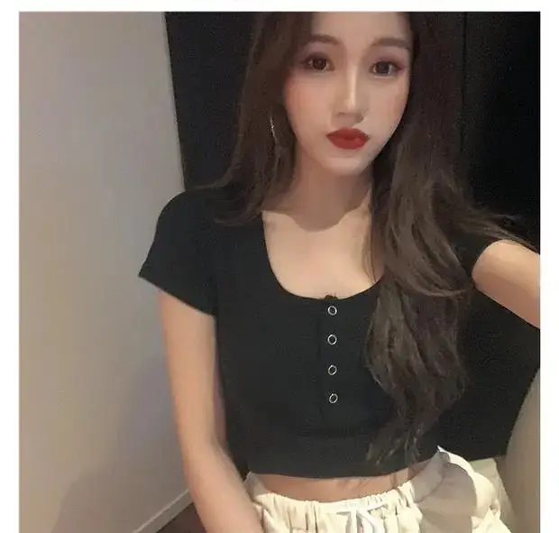 Women's Black Short Sleeve Cropped Top with Button Front — feature 9