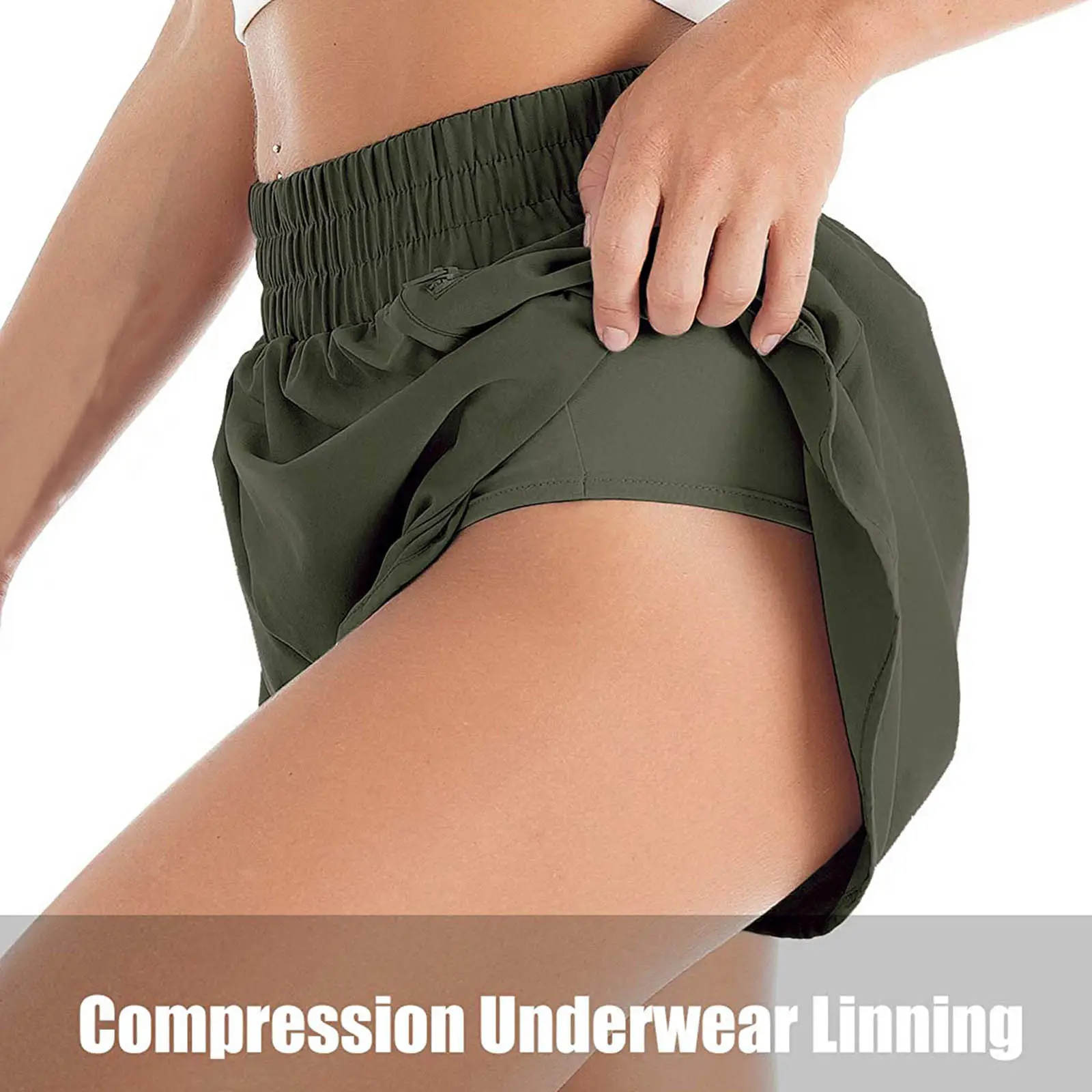 Women's Compression Liner Shorts Green Elastic Waist Running Shorts - Image 9