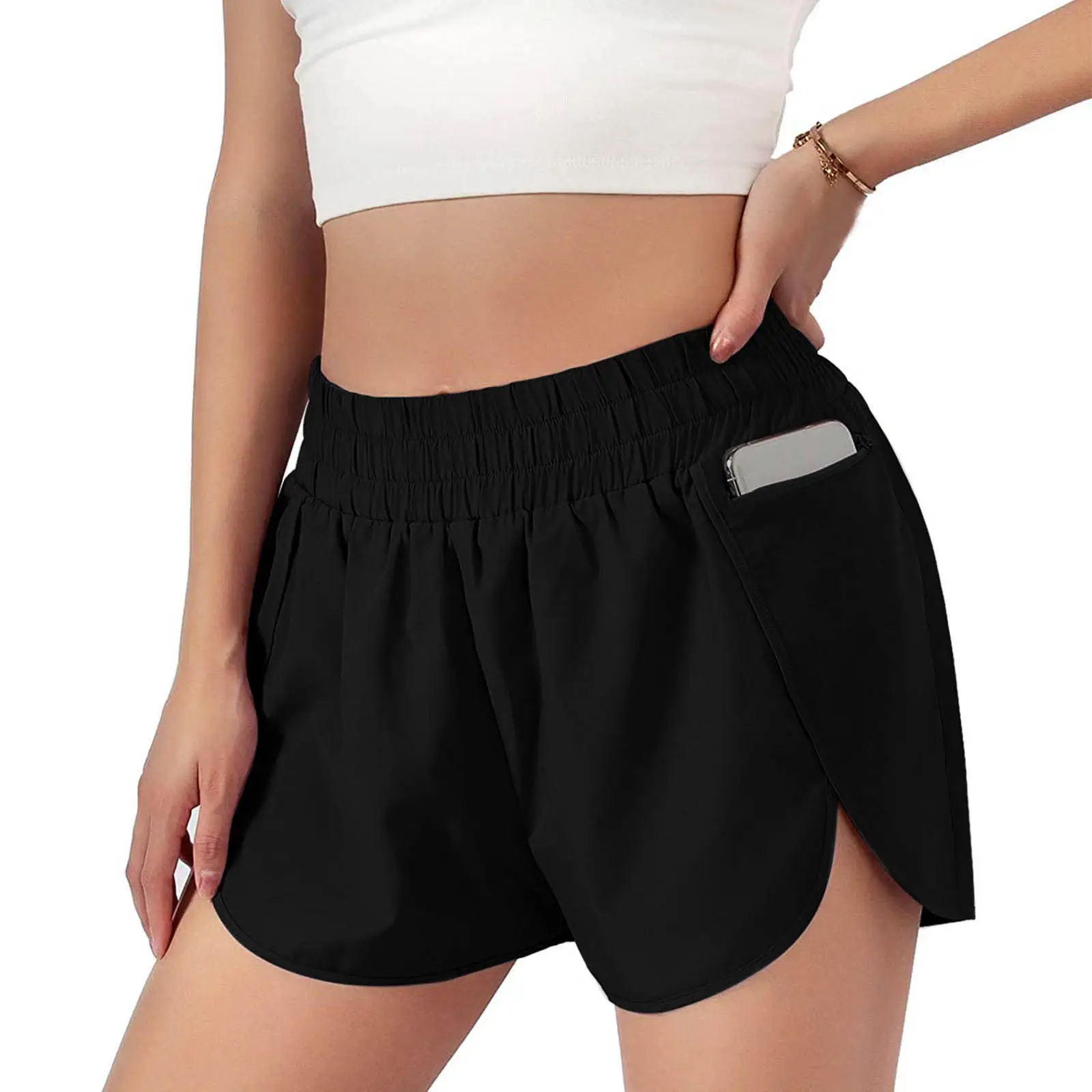 Women's Compression Liner Shorts Green Elastic Waist Running Shorts - Image 4