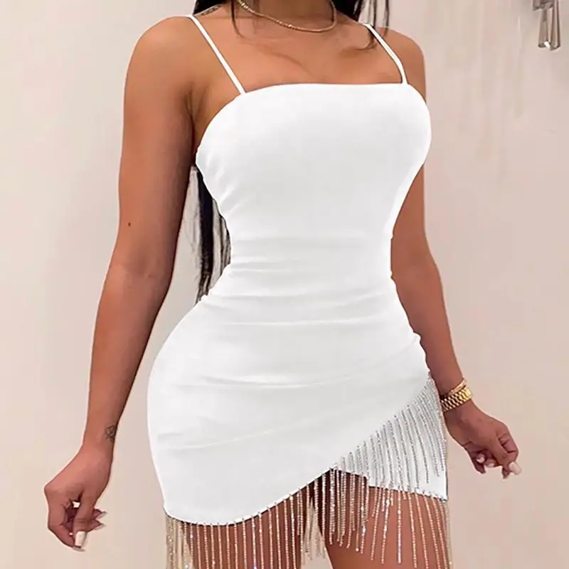 White Hip-Hugging Slim Skirt Dress with Tassel Trim - Image 4
