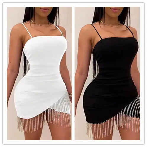 White Hip-Hugging Slim Skirt Dress with Tassel Trim — feature 2