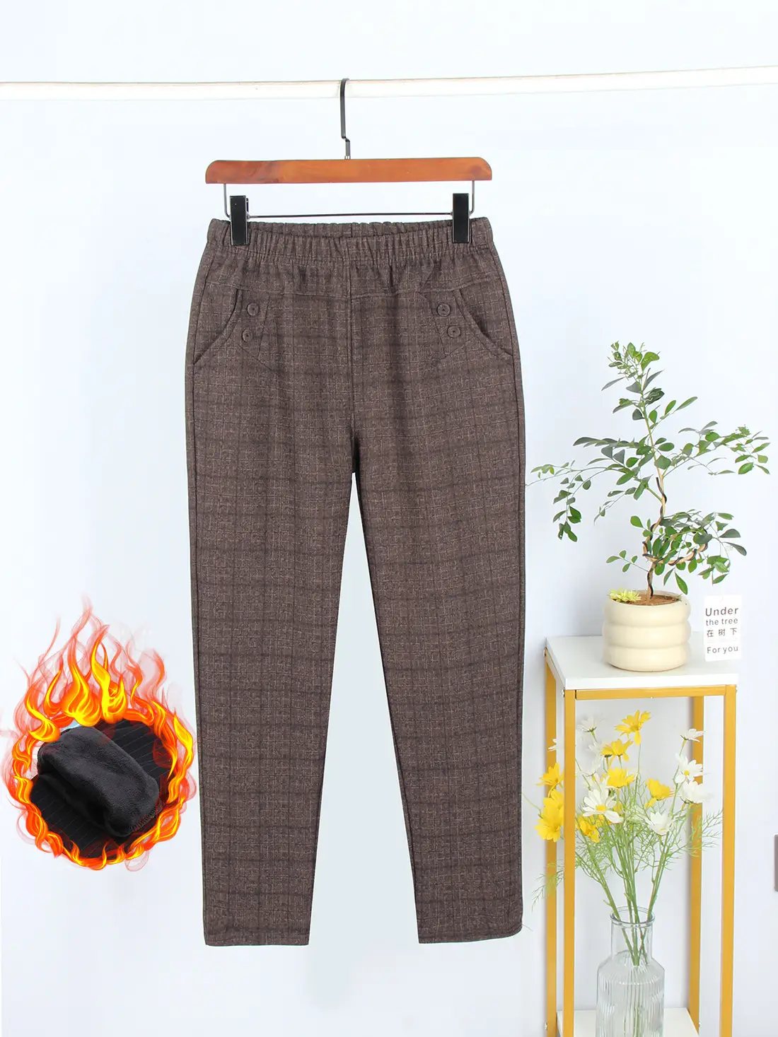 Women's Plaid Slim Fit Pants Brown Medium - Image 14