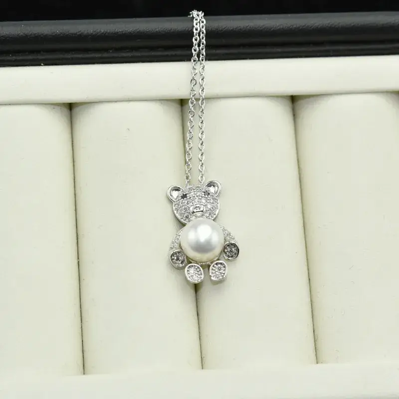 925 Silver Bear Pendant Necklace with Freshwater Pearls - Image 3