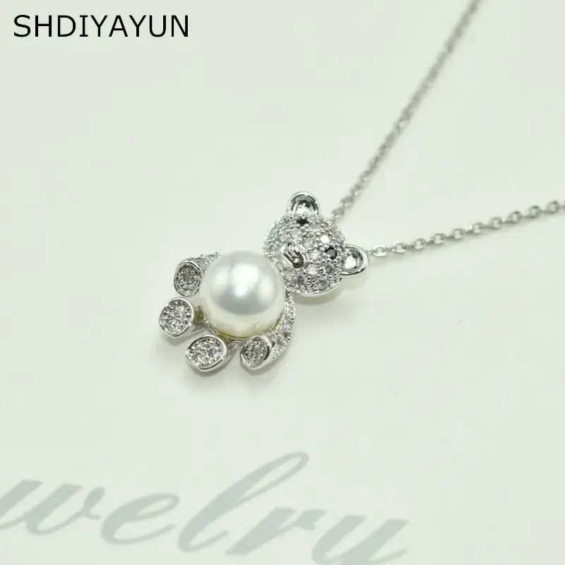 925 Silver Bear Pendant Necklace with Freshwater Pearls
